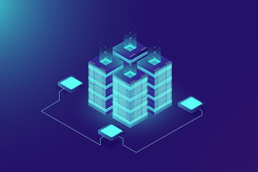 Server room rack, blockchain technology, token api access, data center, cloud storage concept, data exchange protocol illustration, dark neon gradient background